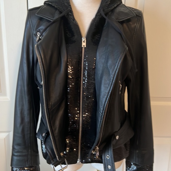 - IRO Women’s Riley Black leather jacket with sequin insert Size 42 - Picture 8 of 11